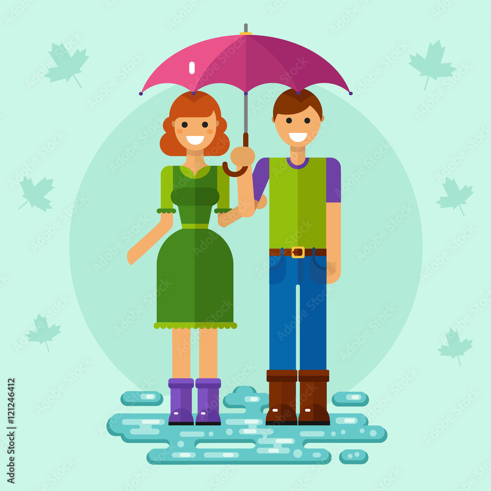 Flat design vector illustration of funny smiling woman and man on dating walk. Girl in dress keeping boy's hand holding umbrella. Including jeans, rubber boots and puddle. Flat design vector illustration of funny smiling woman and man on dating walk. Girl in dress keeping boy's hand holding umbrella. Including jeans, rubber boots and puddle.