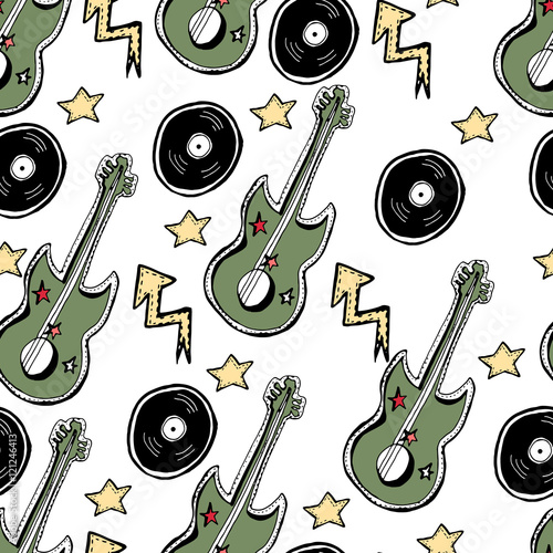 Seamless background. Vector pattern. Hand drawn guitars  stars  arrows. Rock  grunge  punk style.