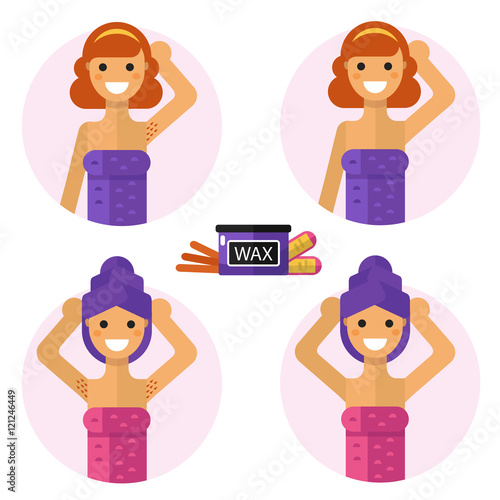 Flat design vector illustration of armpits depilation with waxing and wax strips. Smiling girls in towel are demonstrating results of of hair removal. Body care, health and beauty icons concept.