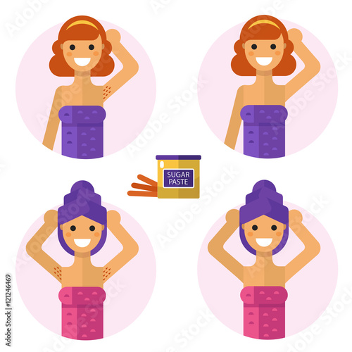 Flat design vector illustration of armpits depilation with sugaring paste. Smiling girls in towel are demonstrating results of of hair removal. Body care, health and beauty icons concept.