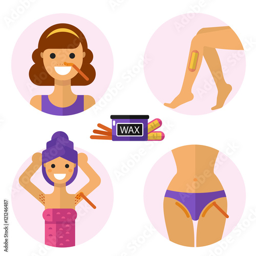 Flat design vector illustration of hair removal zones with waxing and wax strips. Face, armpits, legs, bikini area with stick with liquid wax. Body care, health and beauty icons concept.
