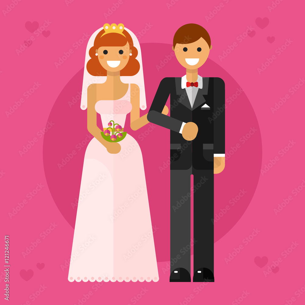Plakat Flat design vector illustration of happy wedding couple or newlyweds. Smiling bride in tiara with bridal bouquet keeping groom's hand in bow tie. Love and marriage concept.