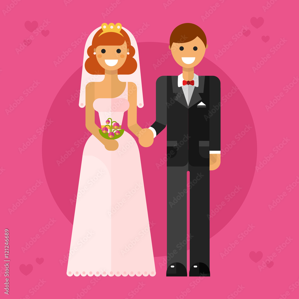 Flat design vector illustration of happy wedding couple or newlyweds. Smiling bride in tiara with bridal bouquet and groom in bow tie are holding hands. Love and marriage concept. Flat design vector illustration of happy wedding couple or newlyweds. Smiling bride in tiara with bridal bouquet and groom in bow tie are holding hands. Love and marriage concept.