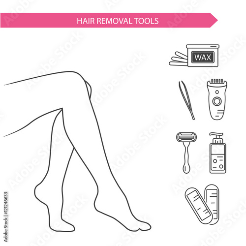 Vector line style illustration and icons of epilation, depilation. Beautiful female legs and different types of hair removal. Bottle of wax, wax strips, shaving razor, gel, eyebrow tweezers, epilator.