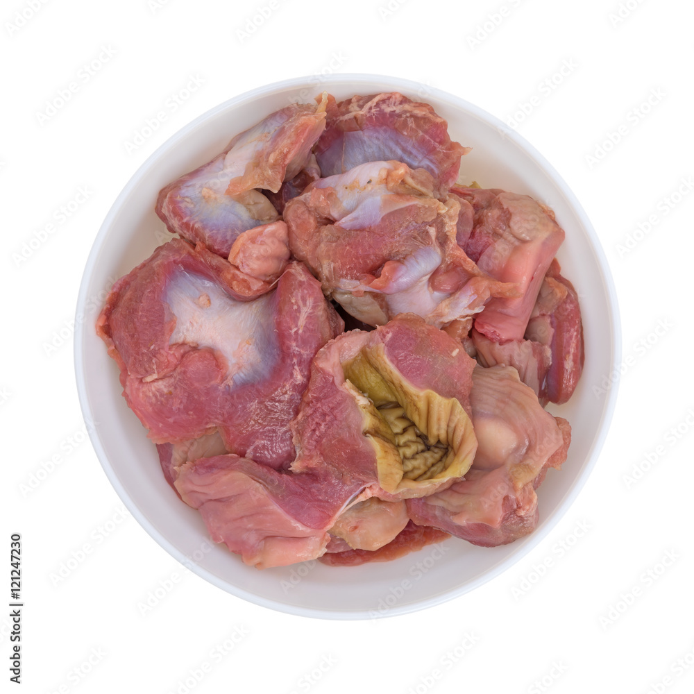 Bowl of fresh chicken gizzards and hearts top view isolated on a white background. Bowl of fresh chicken gizzards and hearts top view isolated on a white background.