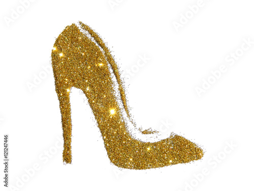 Fototapet High heel shoe of golden glitter sparkle on white background
