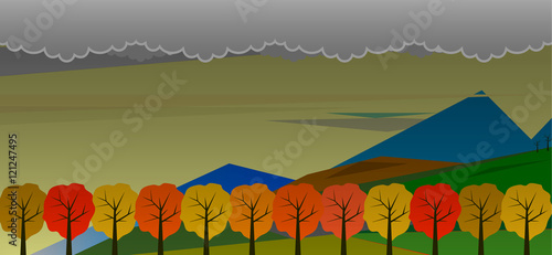 Flat dull autumn landscape, in vector format EPS 10. Bright autumn mountain.