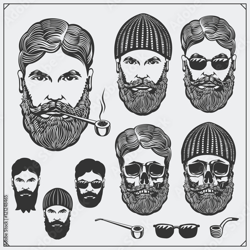 Set of Lumberjack characters with glasses, tobacco pipes and hats. Vintage style. Monochrome illustration.