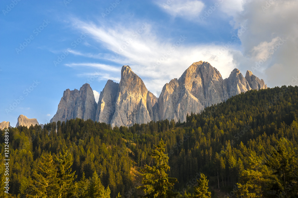 ITALY, DOLOMITES: The Geisler Peaks belong to the most spectacular rock formation  in the Dolomites mountain range