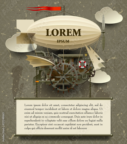 Vintage Steampunk template with a complex fantastic flying ship