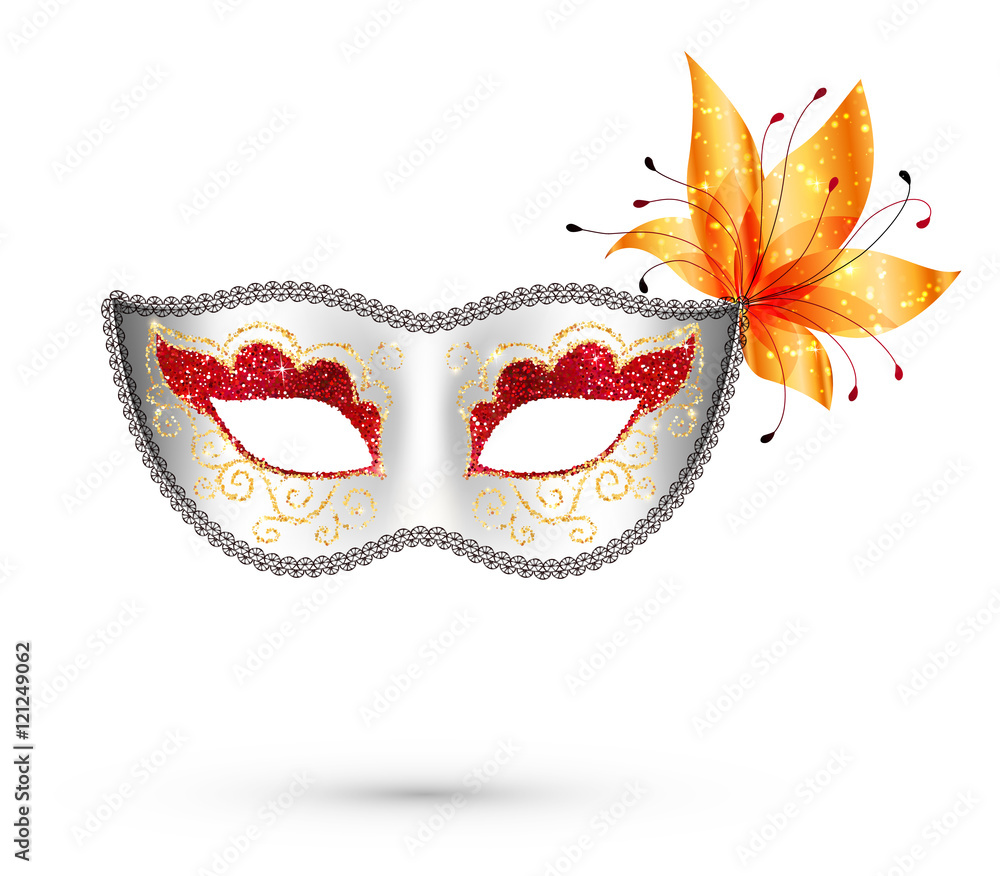 White vector carnival mask with red and gold glitter decoration and orange flower White vector carnival mask with red and gold glitter decoration and orange flower