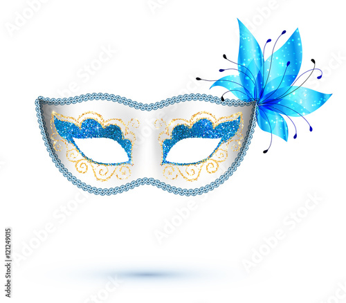 White vector carnival mask with blue flower and golden glitter