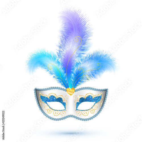 White vector carnival mask with blue feathers and golden glitter isolated on white background © art_of_sun