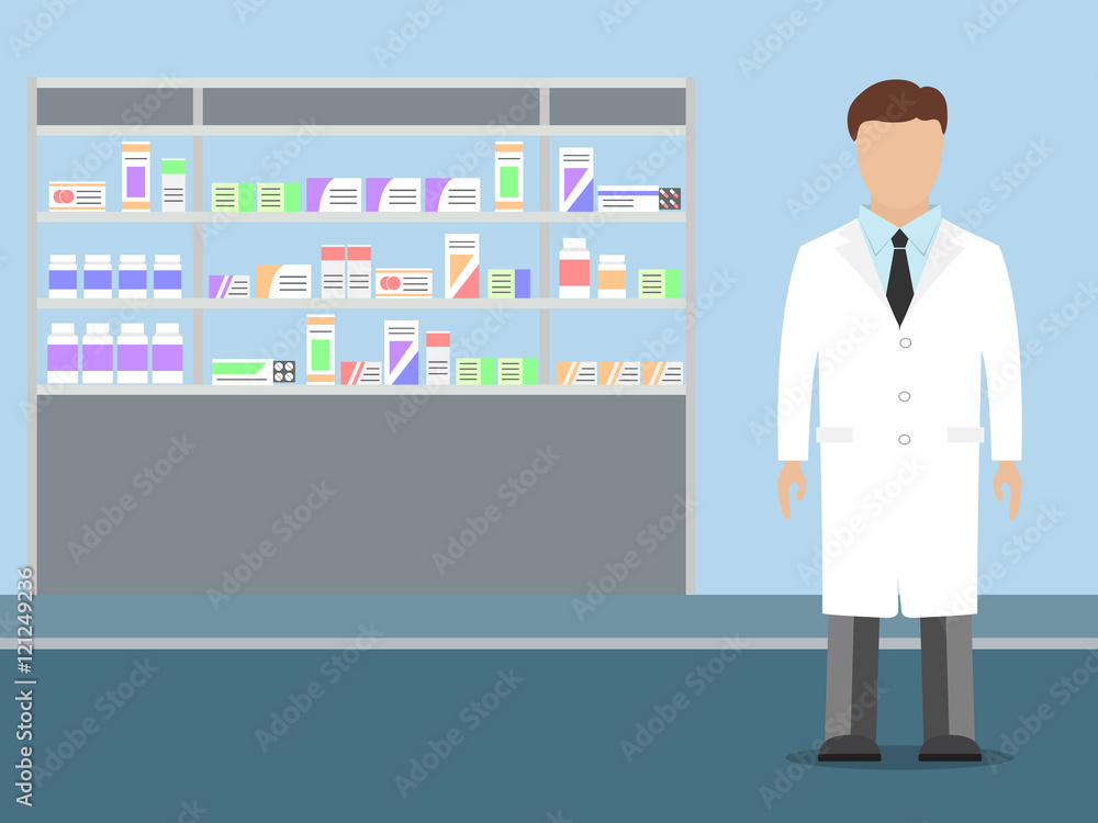 Pharmacist standing near shelves with medications Pharmacist standing near shelves with medications