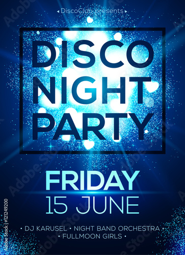 Disco night party vector poster template with blue shining spotlights background