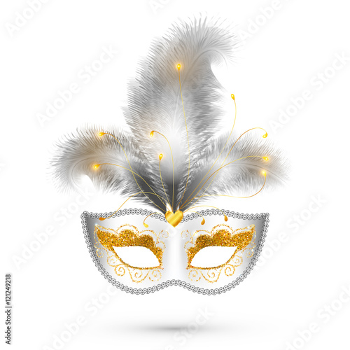 White vector carnival mask with golden glitter decoration and realistic silver feathers
