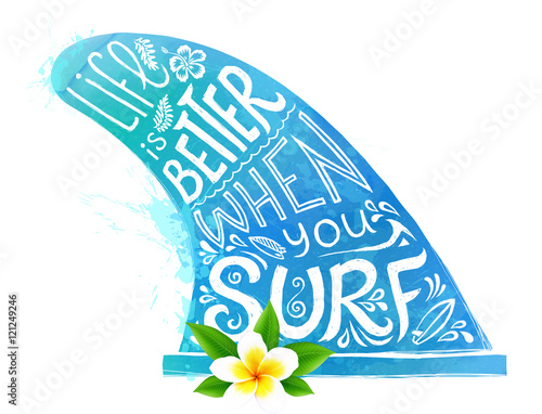 Blue watercolor style vector surfing fin silhouette with white hand drawn lettering and realistic Bali flower isolated on white background