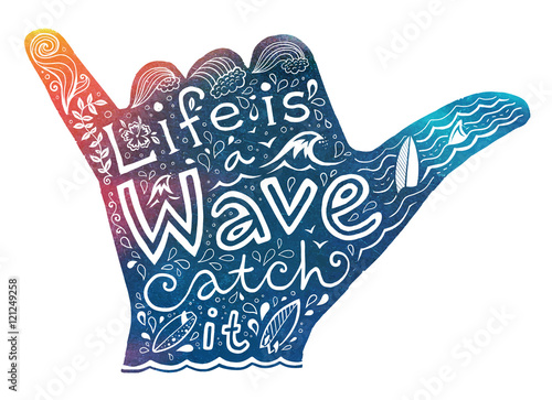 Watercolor style surfer shaka hand silhouette with white hand drawn lettering
