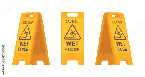 Set of wet floor sign isolated against white background. Cartoon vector flat-style illustration
