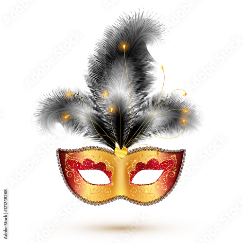Golden vector carnival mask with black feathers