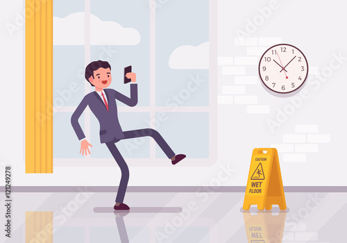 Man with a smartphone slipps on the wet floor. Cartoon vector flat-style concept illustration