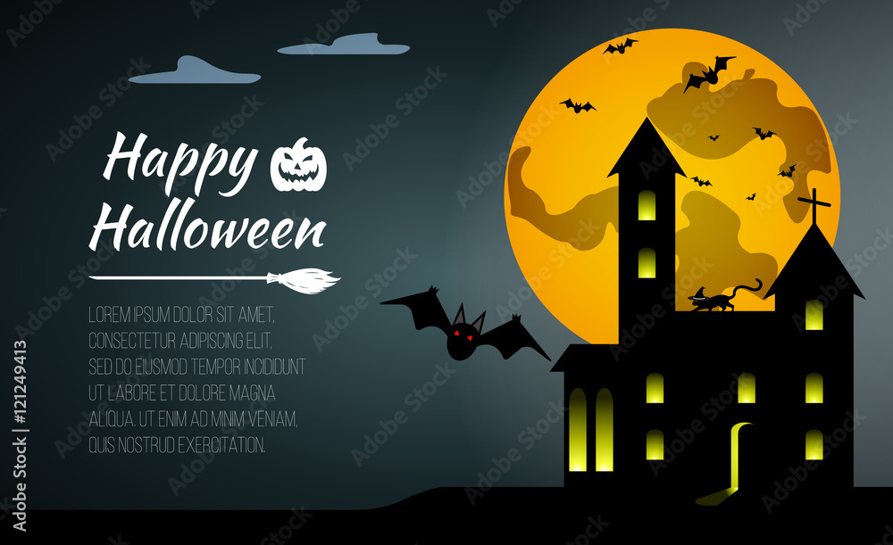 Halloween black castle on yellow Moon background. Gift card Happy Halloween. Vector illustration.