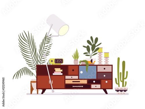 Retro interior with a sideboard bookcase against white background. Cartoon vector flat-style illustration
