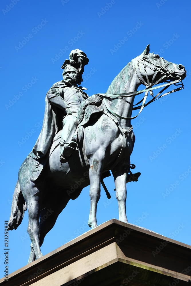 Equestrian statue of Godfrey Charles Morgan, 1st Viscount Tredgar in Gorsedd Gardens, Cardiff, Wales, sculptured by Sir William Goscombe John and unveiled in 1909