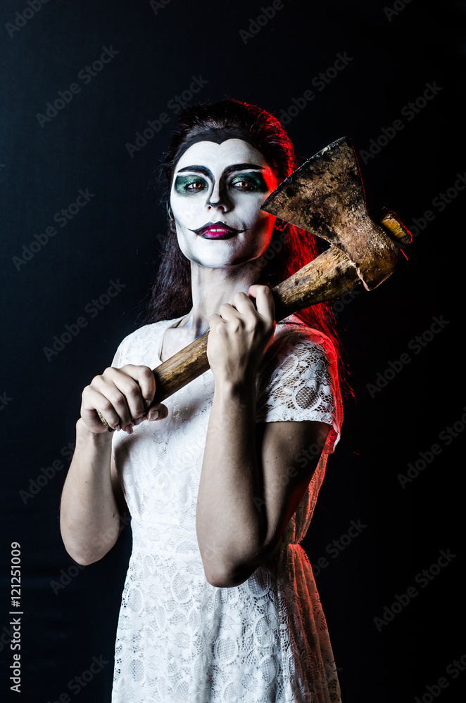 Portrait Halloween dead face girl and ax Portrait Halloween dead face girl and ax