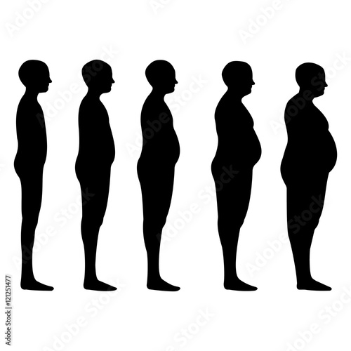 degree of obesity, the silhouettes of men with different degrees of obesity, from lean to thick, concept of diet and reducing excess weight.