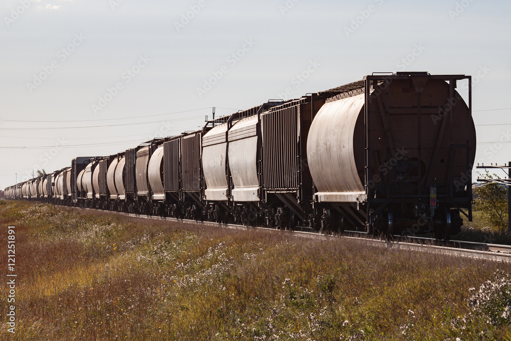 Fototapeta premium The rear of a freight train at sunrise