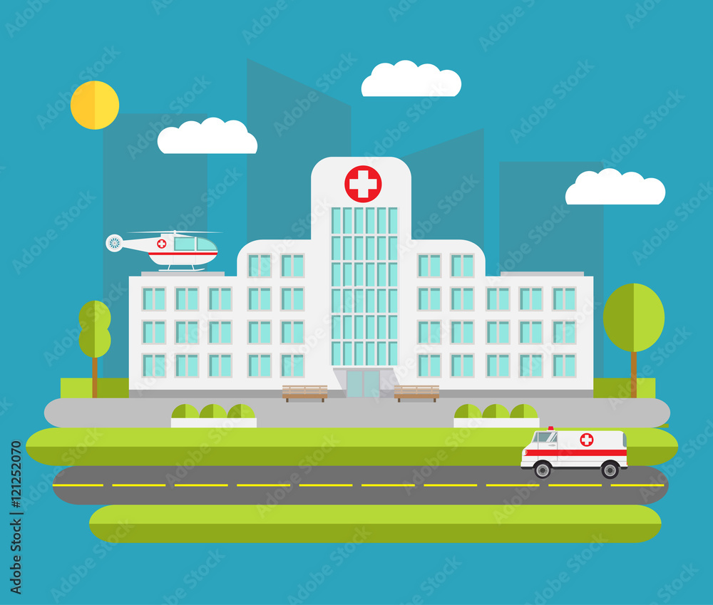 flat Illustration with the image of hospital of the car of ambulance and the helicopter of the emergency services