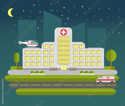 flat Illustration with the image of hospital night of the car of ambulance and the helicopter of the emergency services