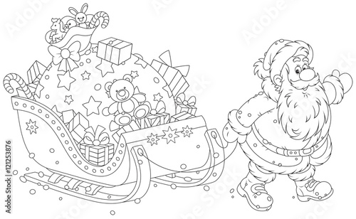 Santa Claus carrying a big bag of Christmas gifts on his sledge