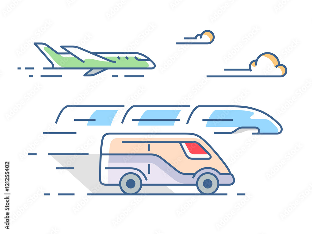 Air, road and rail transport in a linear style. Vector illustration