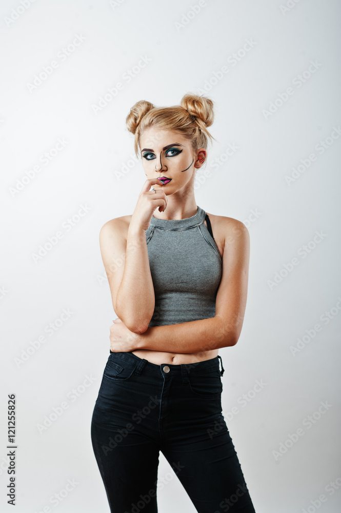 Studio shot of anime girl with bright and colorful makeup on whi