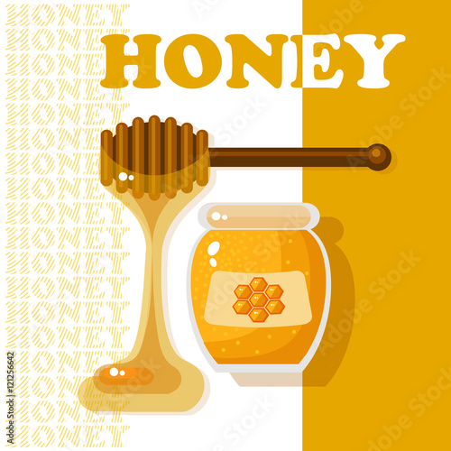 Glass jar full of honey and wooden stick.