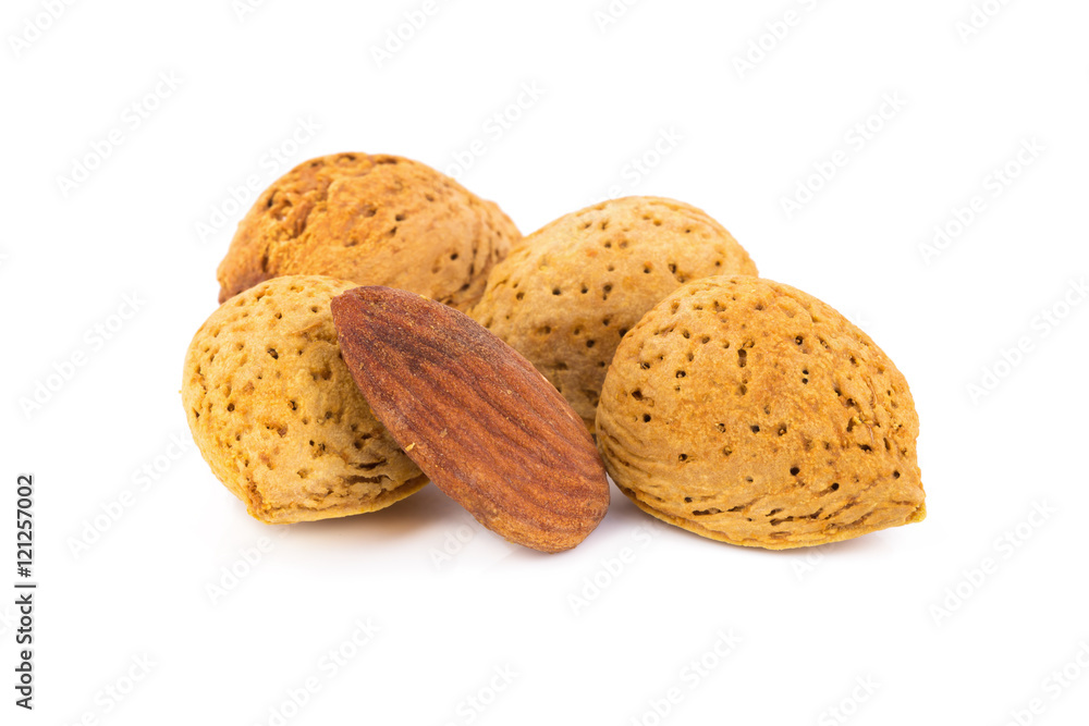 Almond nut in shell and shelled isolated on white background
