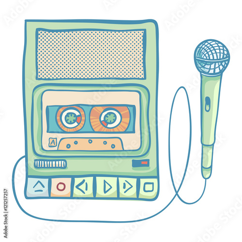 Cassette tape recorder with microphone. Handheld tape recorder, hand drawn retro illustration, isolated on white. Suitable for banner, ad, t-shirt design. Vintage design element