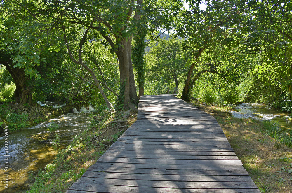 A wooden walkway on the River Krka in Krka National Park, Sibenik-Knin County, 
