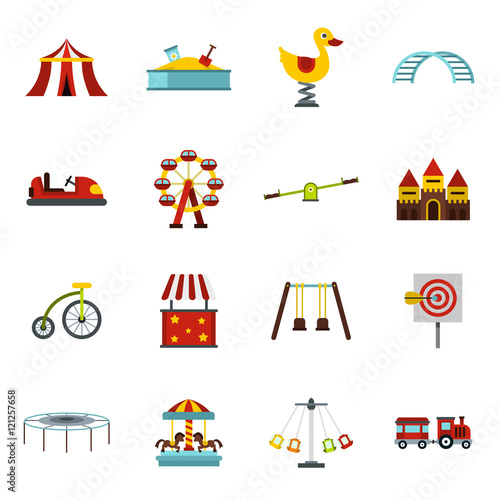 Amusement park icons set in flat style. Attraction park set collection vector illustration