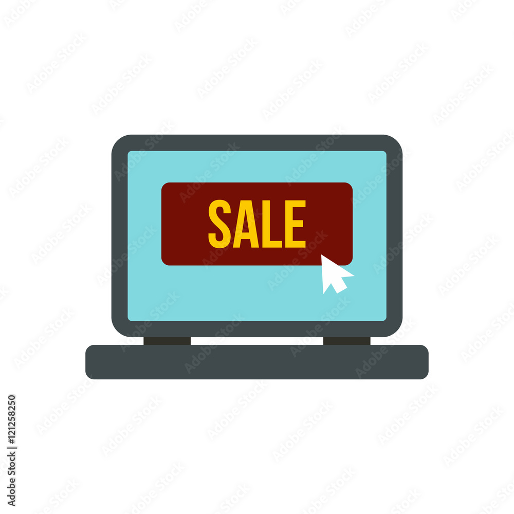 Laptop screen with Sale word icon in flat style on a white background vector illustration Laptop screen with Sale word icon in flat style on a white background vector illustration