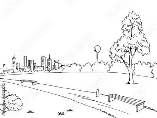 Park graphic art black white bench lamp landscape sketch illustration vector