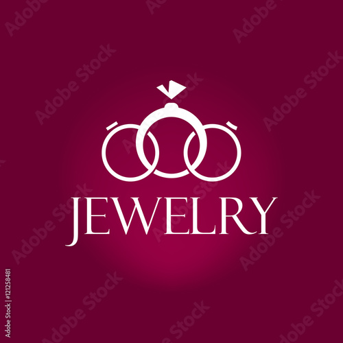 Jewelry logo vector element design isolated on dark purple background, white jewellery rings shapes with diamond brand symbol, creative modern logotype