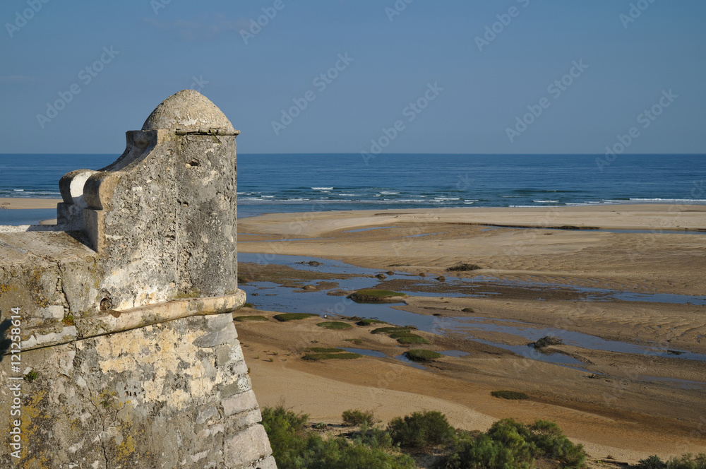 Old fortress guarding tower in Cacela Velha, Algarve, Portugal.