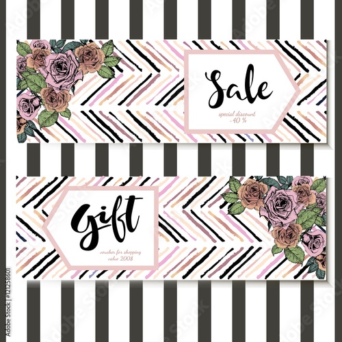 Vector set of flyer and gift voucher for great sale. Rose gold flowers and ch...