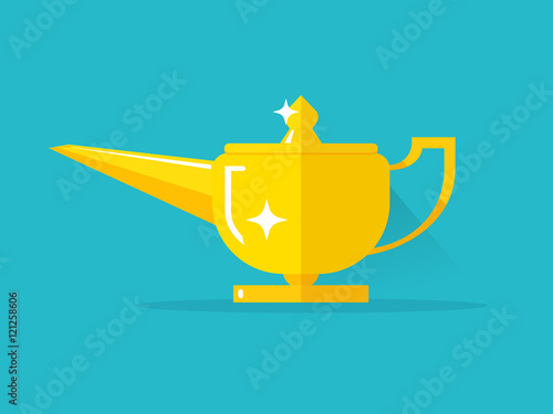 Aladdin lamp with Jean vector illustration isolated, flat cartoon Genie magic lamp on blue background