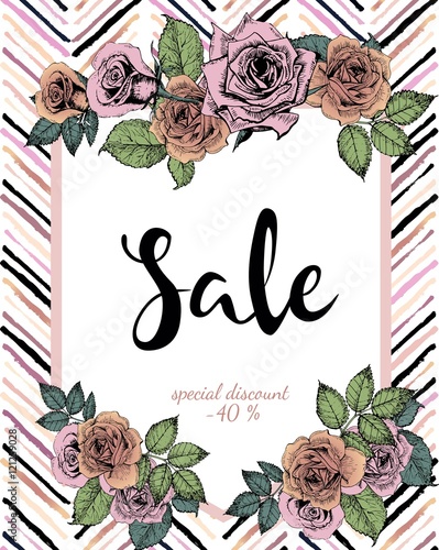 Vector banner for great sale. Rose gold flowers and chevron modern brush spot...