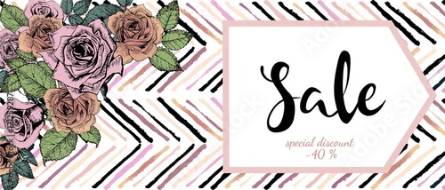 Vector flyer for great sale. Rose gold flowers and chevron modern brush spot ...