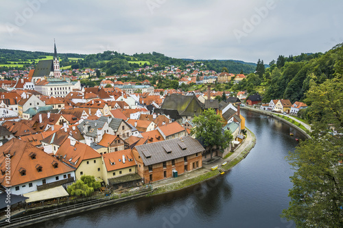 Medieval town Cesky Krumlov and Vltava river,Czech Republic. Aerial view.